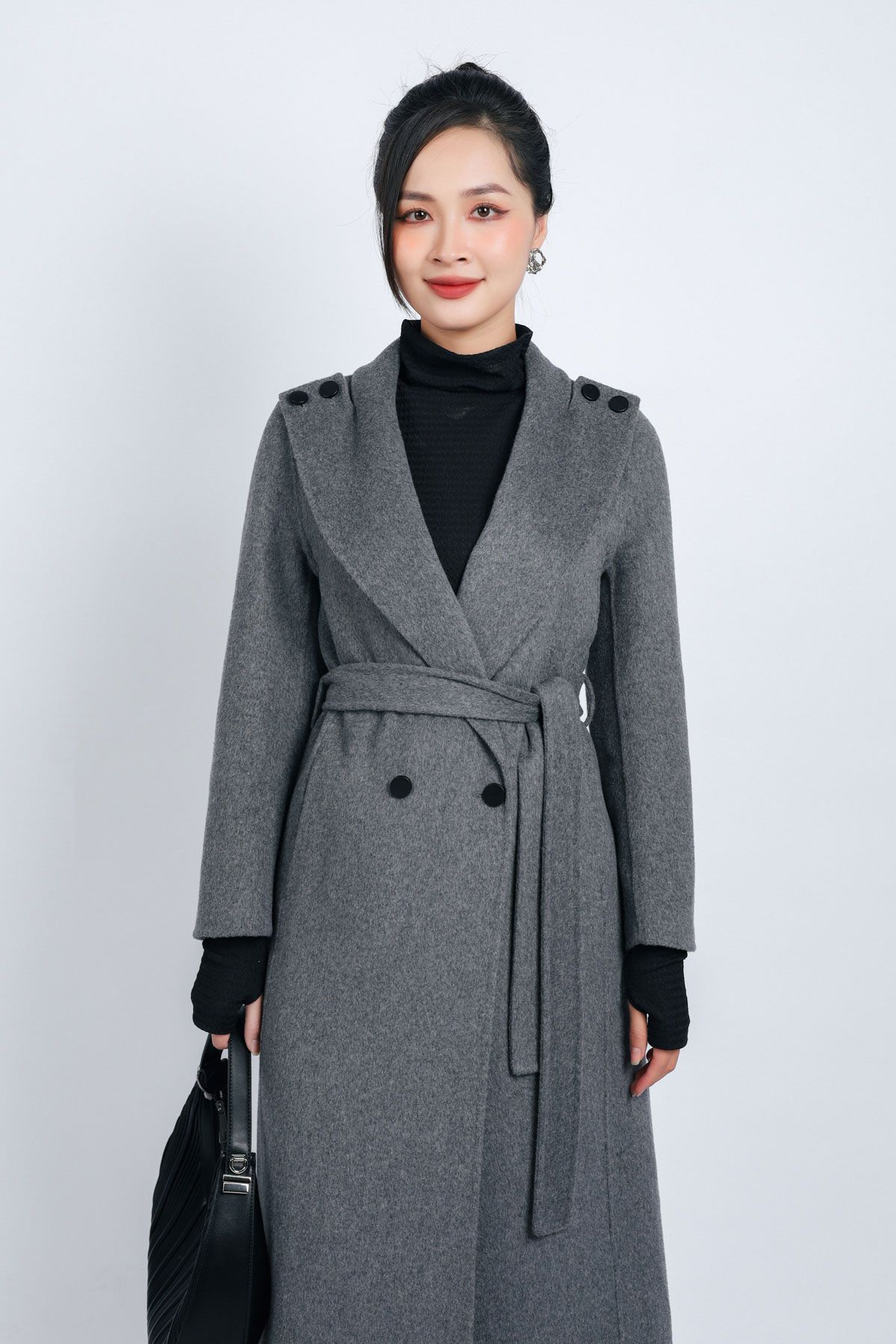 FMO251 - Áo mangto dạ lông cừu cao cấp dáng suông cổ bẻ ve to phối khuy trang trí kèm đai tạo kiểu - PANTIO