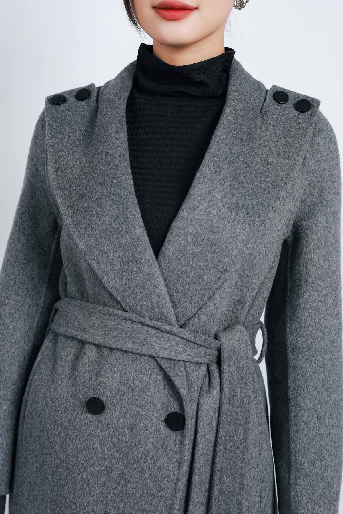 FMO251 - Áo mangto dạ lông cừu cao cấp dáng suông cổ bẻ ve to phối khuy trang trí kèm đai tạo kiểu - PANTIO