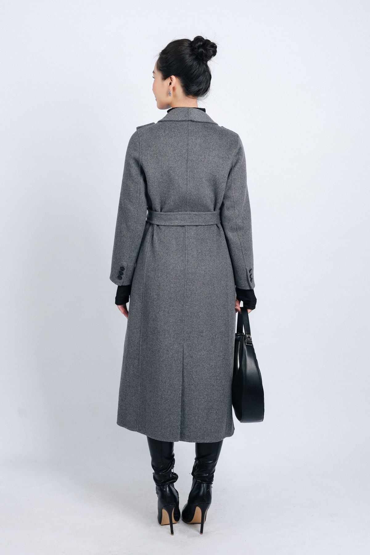 FMO251 - Áo mangto dạ lông cừu cao cấp dáng suông cổ bẻ ve to phối khuy trang trí kèm đai tạo kiểu - PANTIO