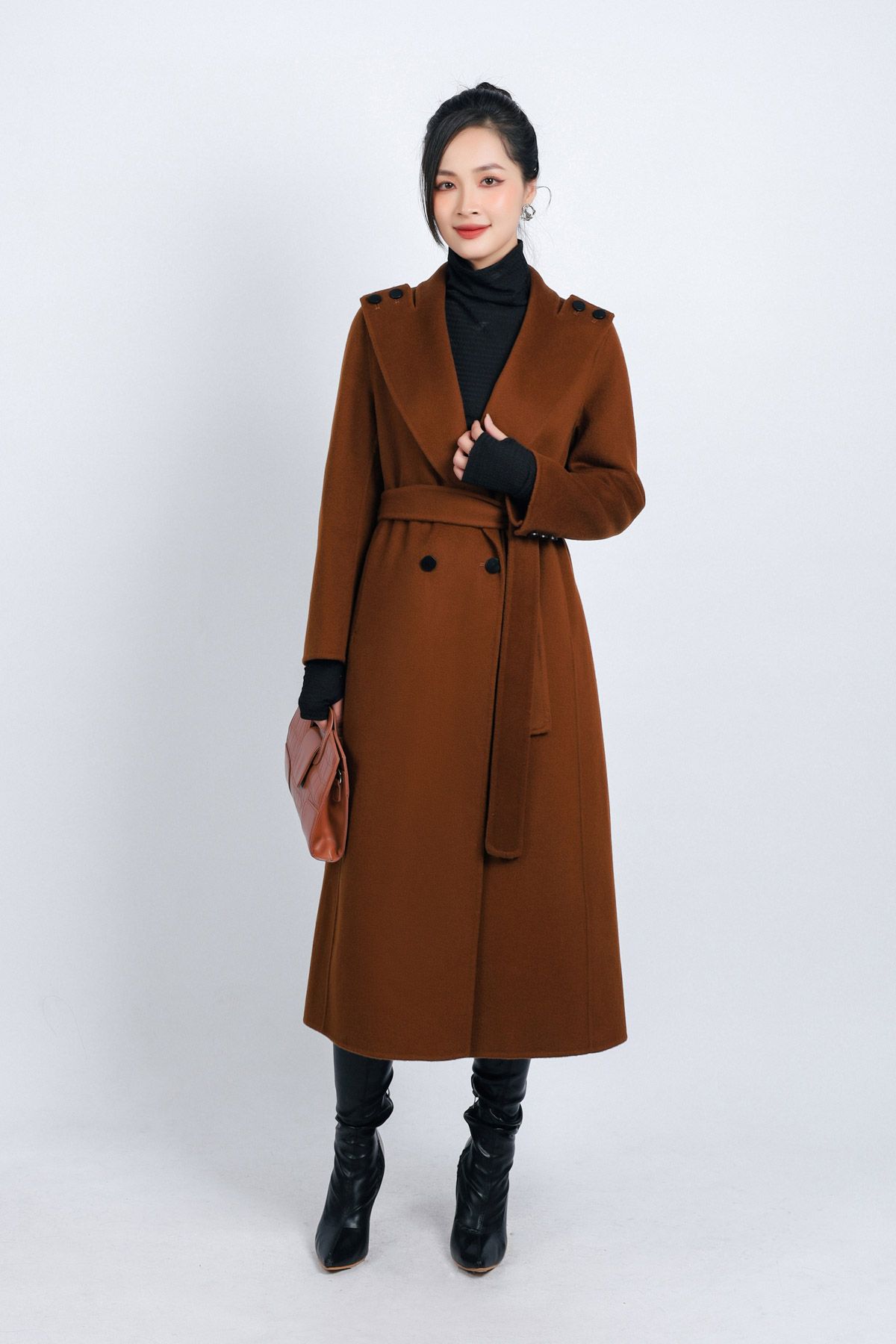 FMO251 - Áo mangto dạ lông cừu cao cấp dáng suông cổ bẻ ve to phối khuy trang trí kèm đai tạo kiểu - PANTIO