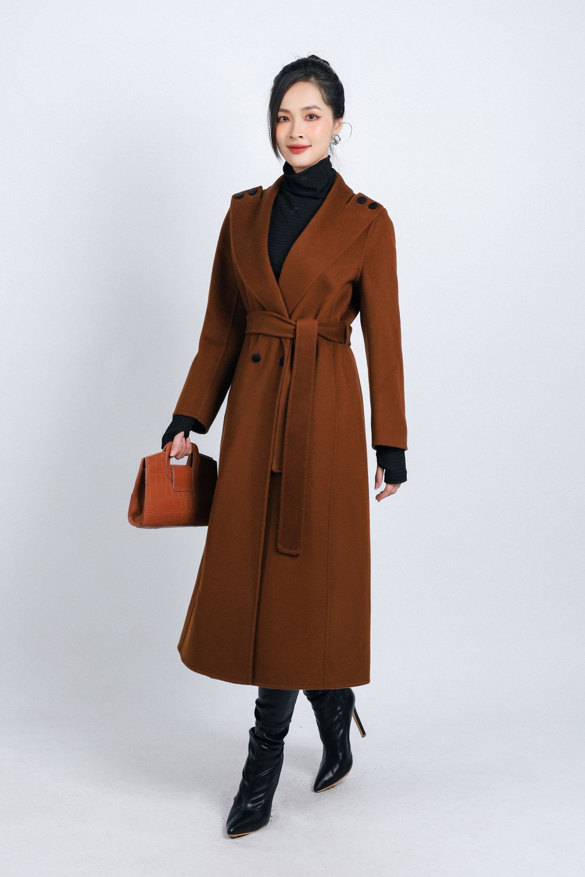 FMO251 - Áo mangto dạ lông cừu cao cấp dáng suông cổ bẻ ve to phối khuy trang trí kèm đai tạo kiểu - PANTIO