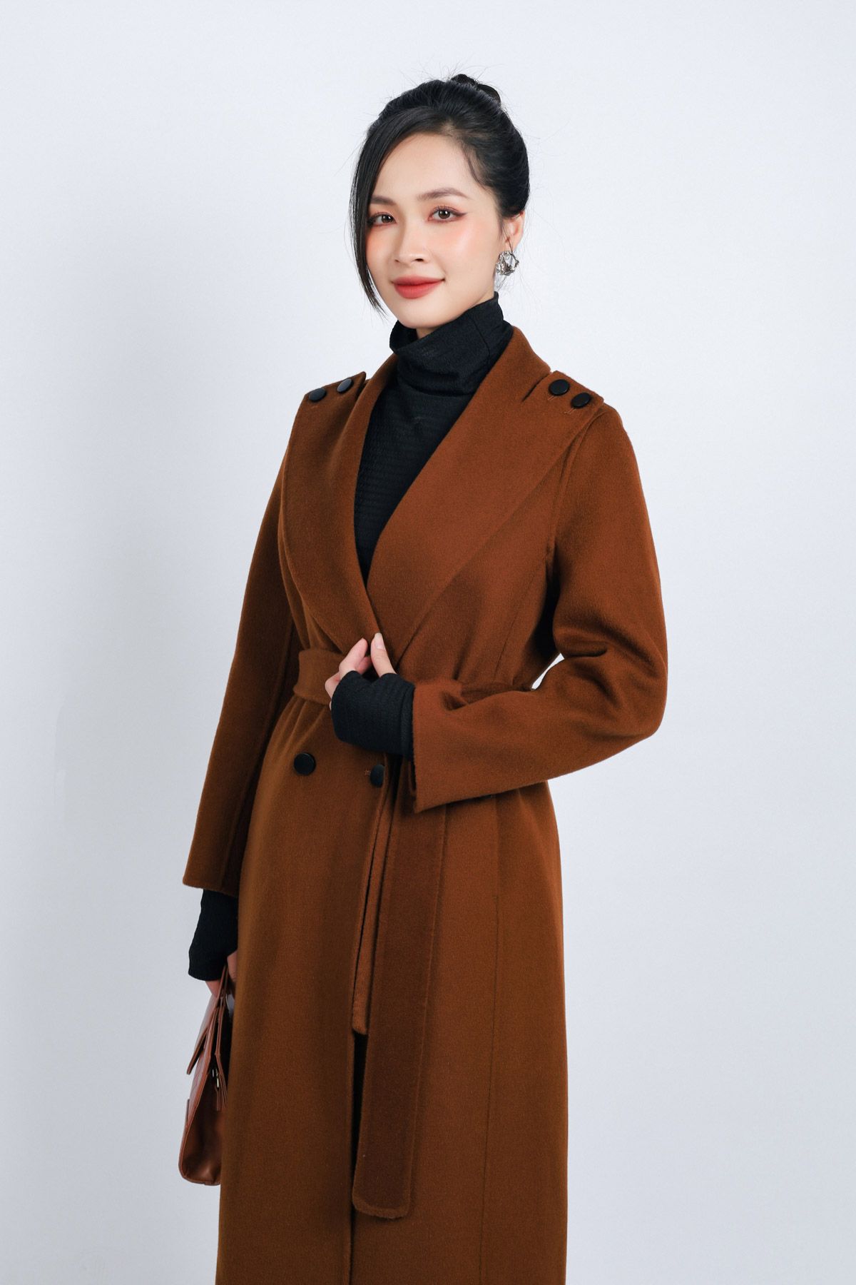 FMO251 - Áo mangto dạ lông cừu cao cấp dáng suông cổ bẻ ve to phối khuy trang trí kèm đai tạo kiểu - PANTIO