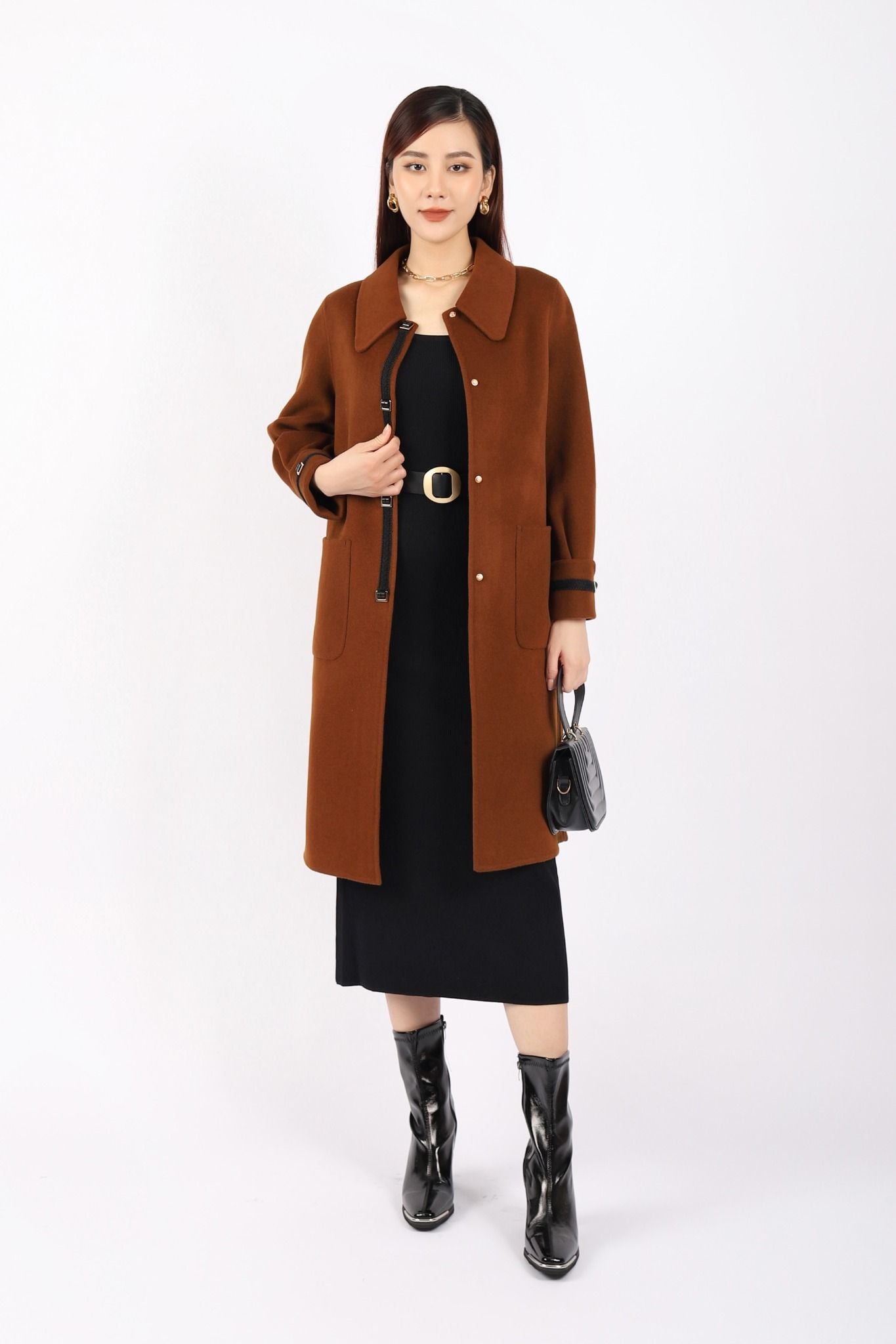 FMO252 - Áo mangto dạ lông cừu cao cấp dáng suông cổ bẻ ve to thân phối dây ren tạo kiểu - PANTIO