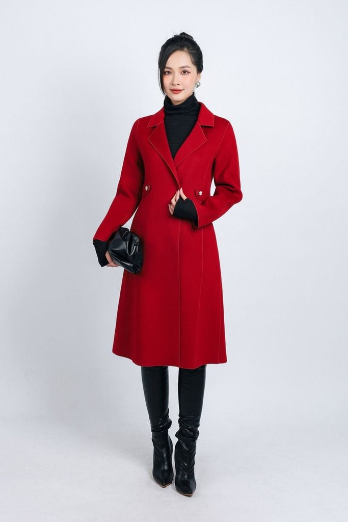 FMO291 - Áo mangto dạ lông cừu cao cấp dáng suông cổ hai ve kèm đai da tạo kiểu - PANTIO