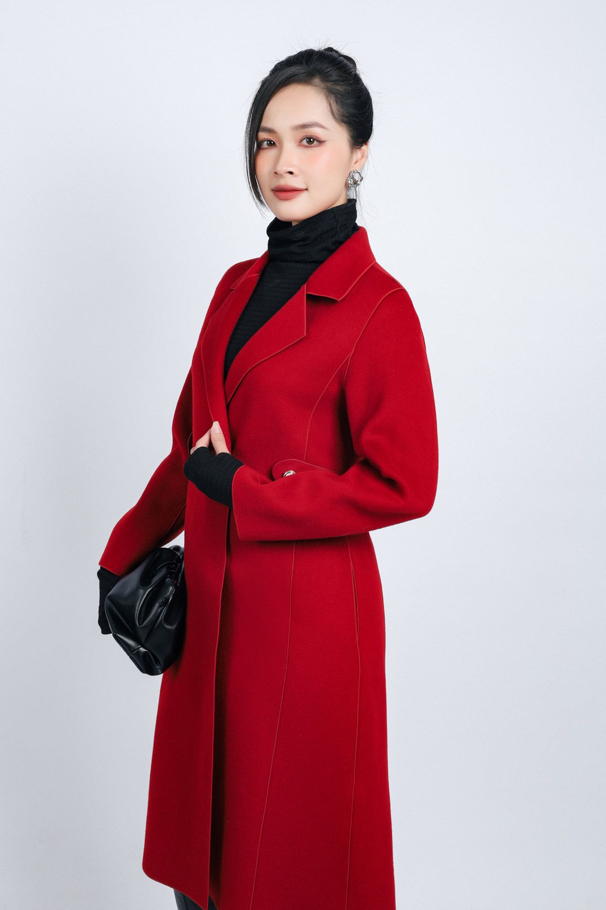 FMO291 - Áo mangto dạ lông cừu cao cấp dáng suông cổ hai ve kèm đai da tạo kiểu - PANTIO