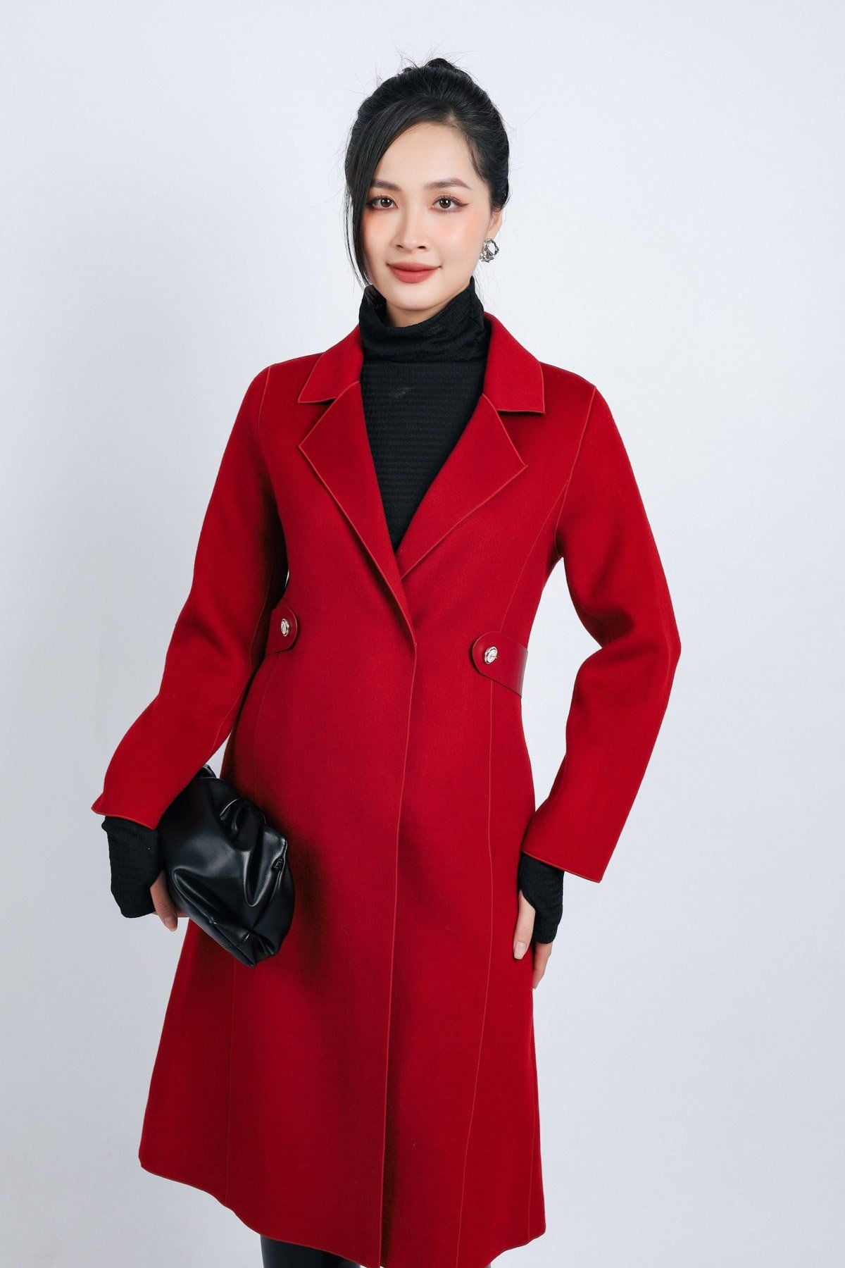 FMO291 - Áo mangto dạ lông cừu cao cấp dáng suông cổ hai ve kèm đai da tạo kiểu - PANTIO