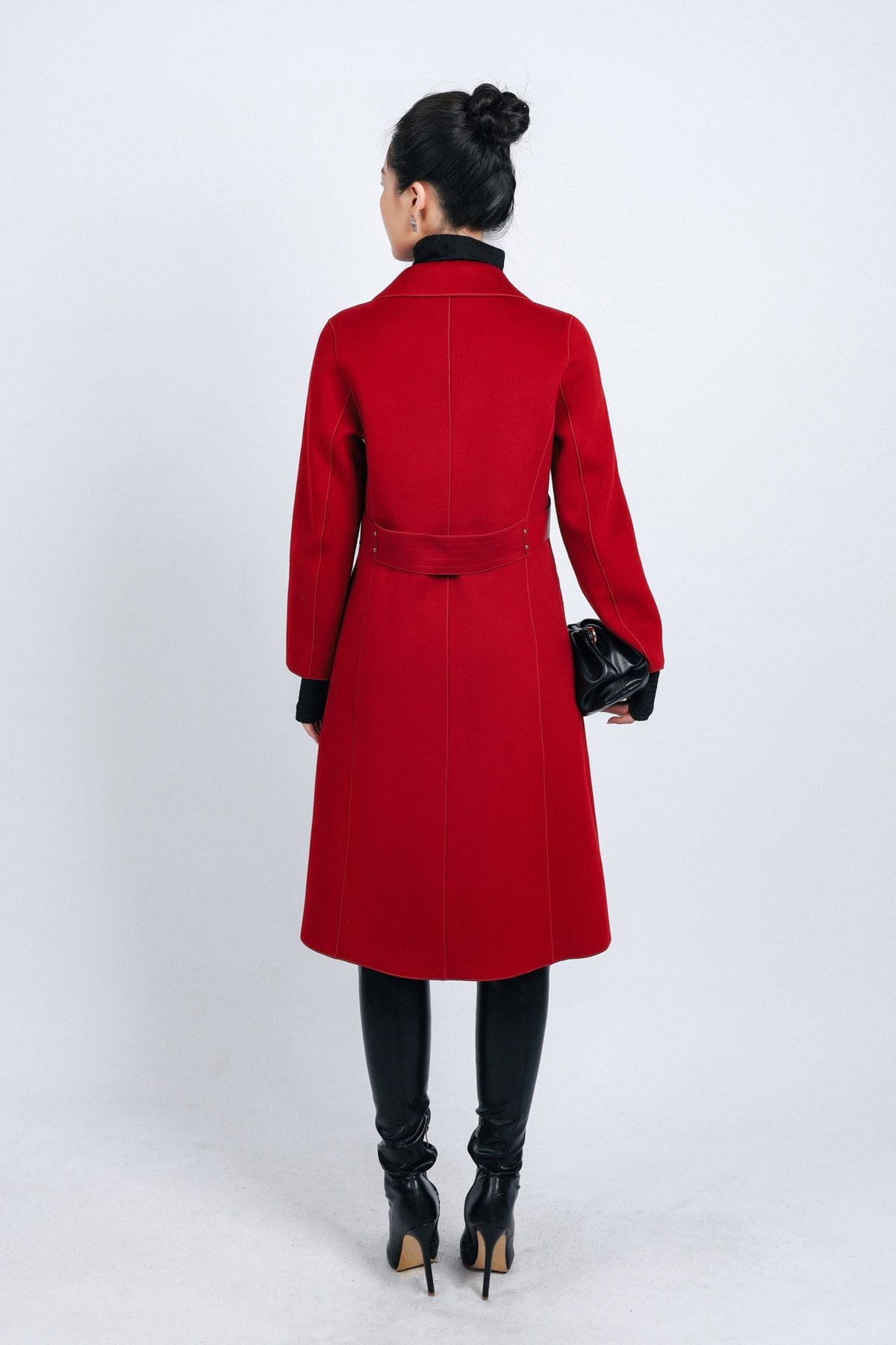 FMO291 - Áo mangto dạ lông cừu cao cấp dáng suông cổ hai ve kèm đai da tạo kiểu - PANTIO