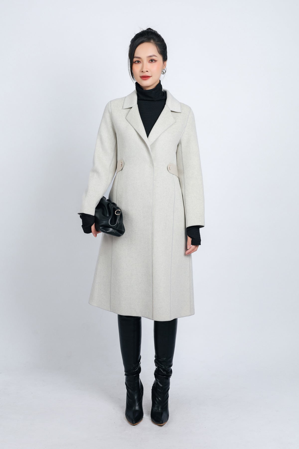 FMO291 - Áo mangto dạ lông cừu cao cấp dáng suông cổ hai ve kèm đai da tạo kiểu - PANTIO