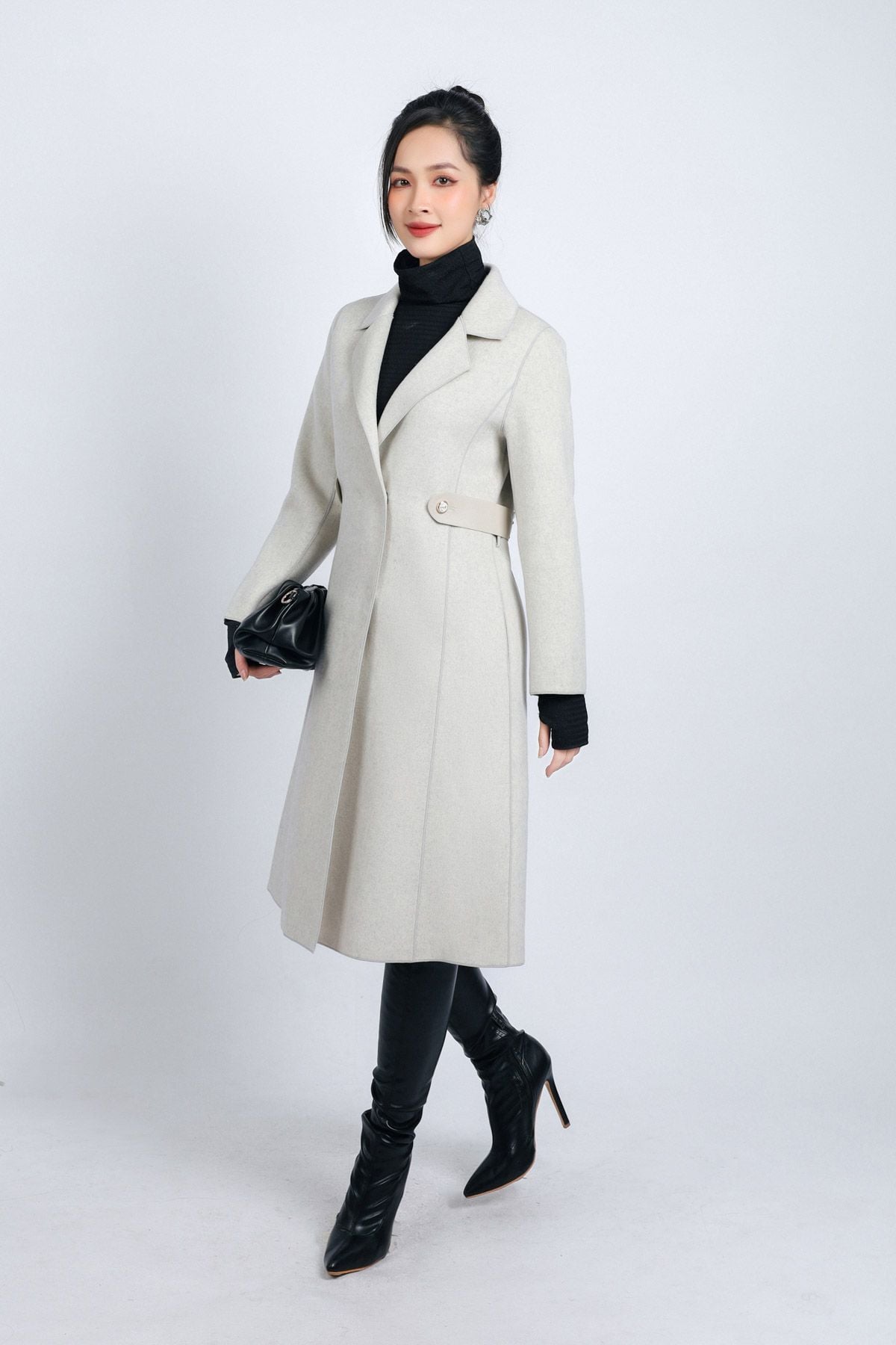 FMO291 - Áo mangto dạ lông cừu cao cấp dáng suông cổ hai ve kèm đai da tạo kiểu - PANTIO