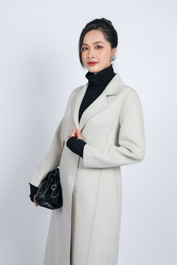 FMO291 - Áo mangto dạ lông cừu cao cấp dáng suông cổ hai ve kèm đai da tạo kiểu - PANTIO