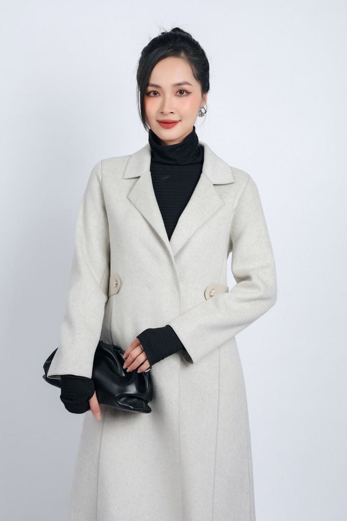 FMO291 - Áo mangto dạ lông cừu cao cấp dáng suông cổ hai ve kèm đai da tạo kiểu - PANTIO