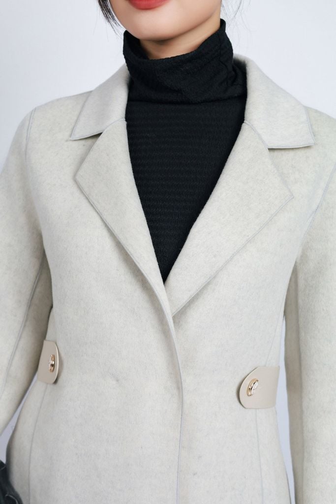 FMO291 - Áo mangto dạ lông cừu cao cấp dáng suông cổ hai ve kèm đai da tạo kiểu - PANTIO