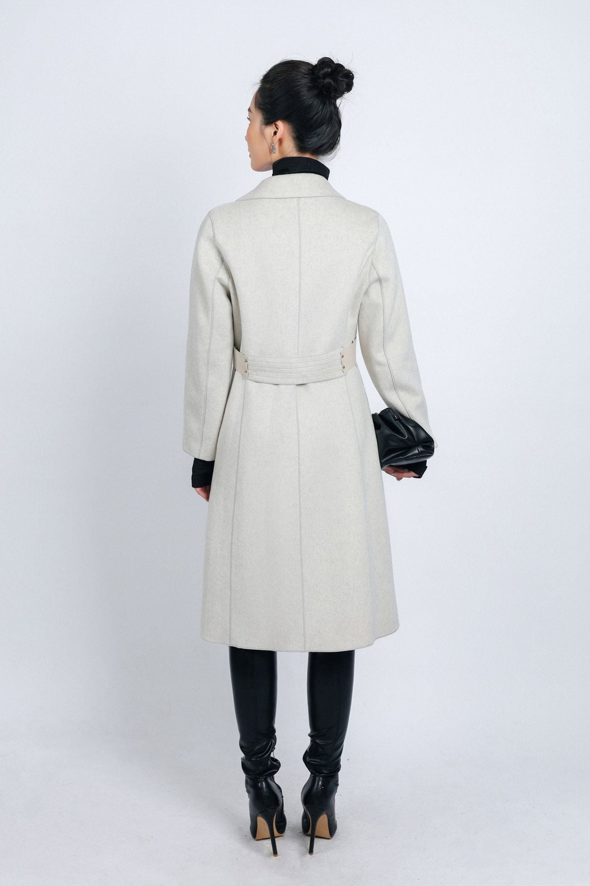 FMO291 - Áo mangto dạ lông cừu cao cấp dáng suông cổ hai ve kèm đai da tạo kiểu - PANTIO