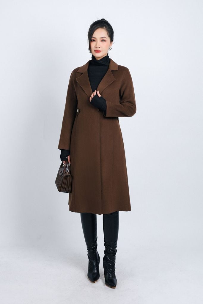 FMO291 - Áo mangto dạ lông cừu cao cấp dáng suông cổ hai ve kèm đai da tạo kiểu - PANTIO