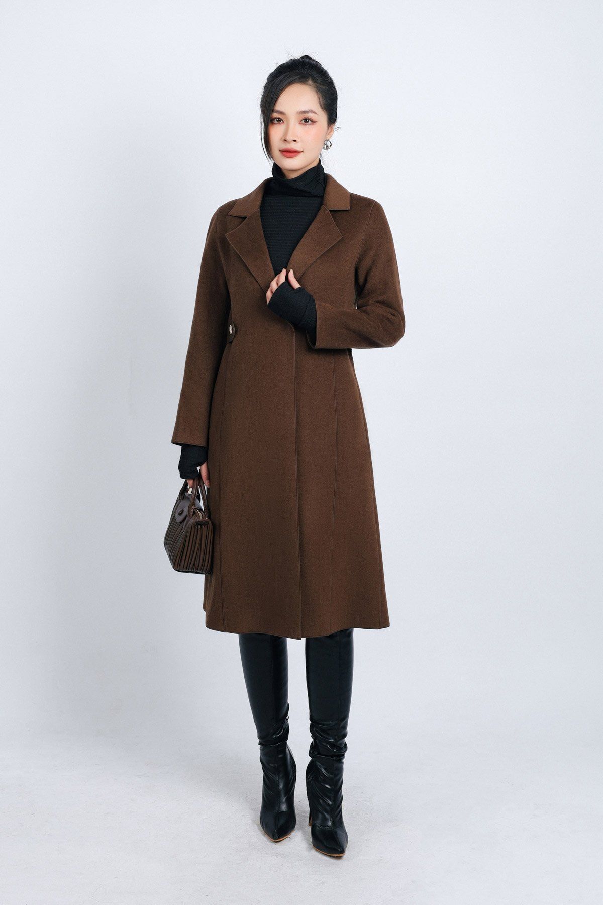 FMO291 - Áo mangto dạ lông cừu cao cấp dáng suông cổ hai ve kèm đai da tạo kiểu - PANTIO