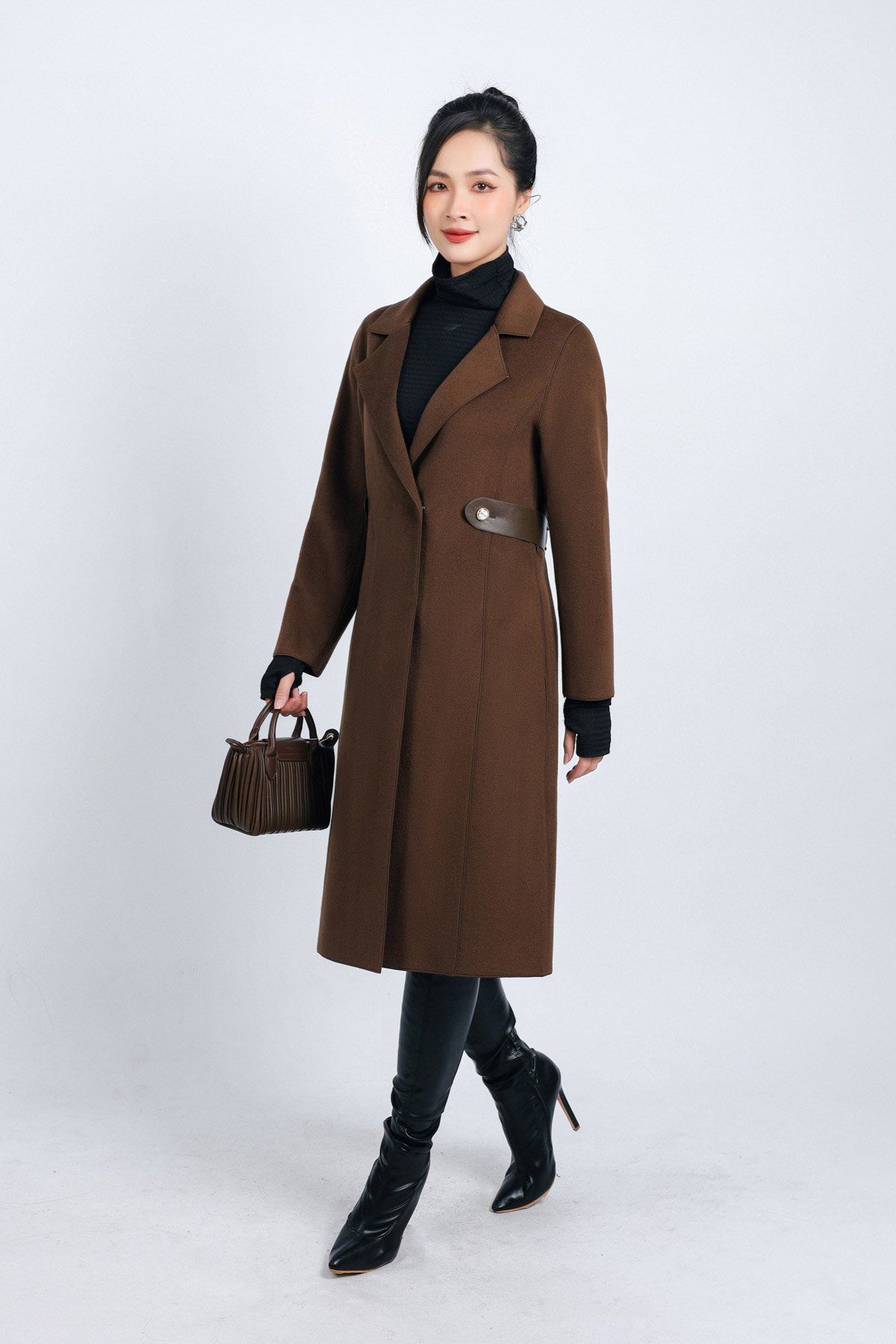 FMO291 - Áo mangto dạ lông cừu cao cấp dáng suông cổ hai ve kèm đai da tạo kiểu - PANTIO