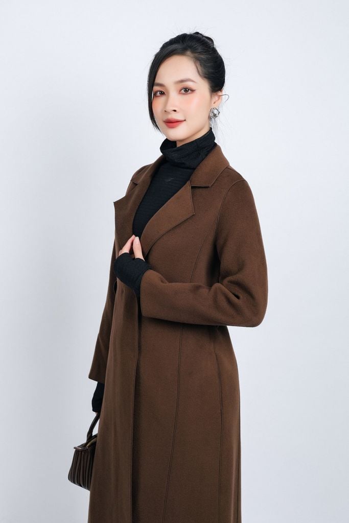 FMO291 - Áo mangto dạ lông cừu cao cấp dáng suông cổ hai ve kèm đai da tạo kiểu - PANTIO