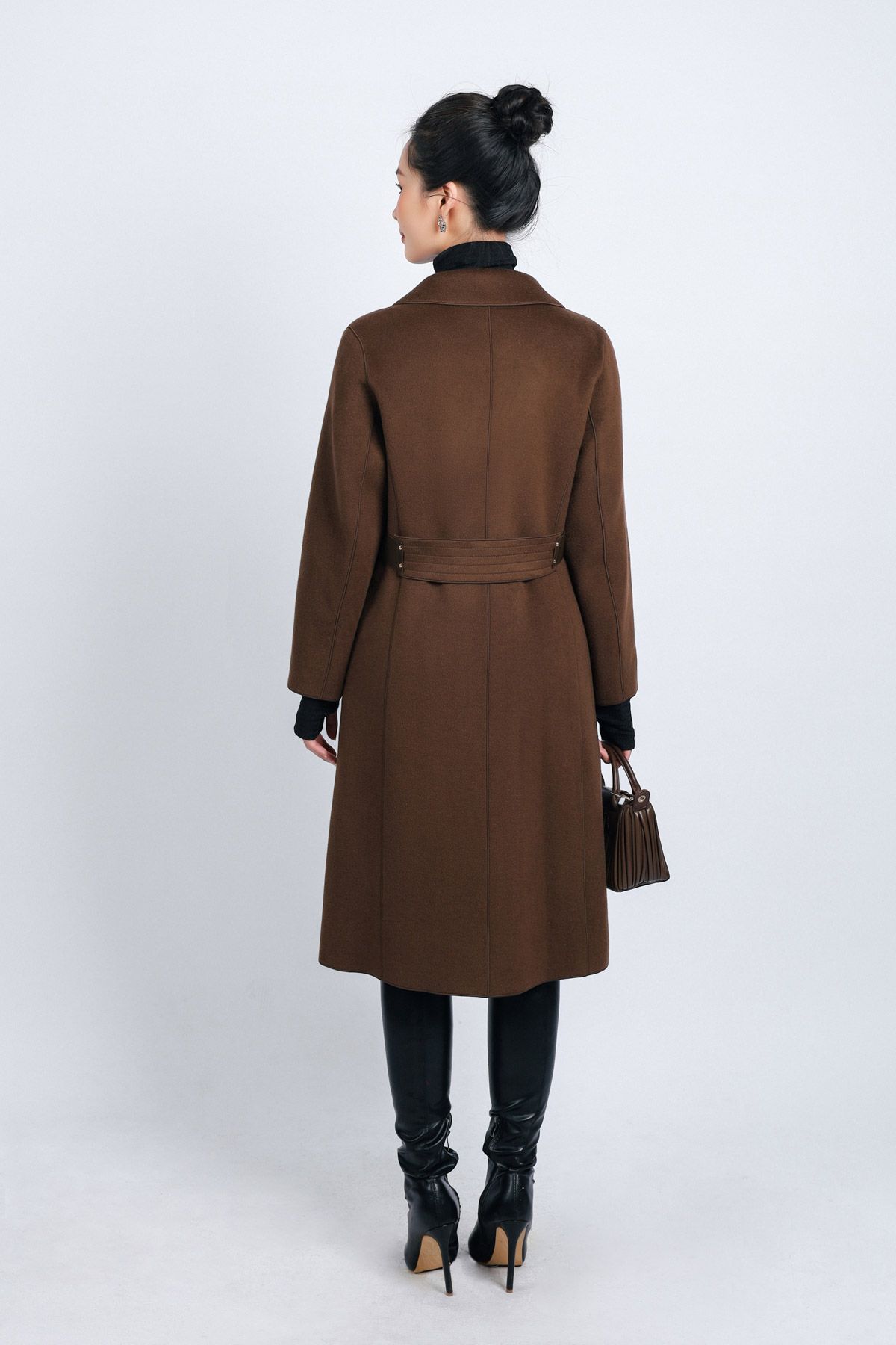 FMO291 - Áo mangto dạ lông cừu cao cấp dáng suông cổ hai ve kèm đai da tạo kiểu - PANTIO