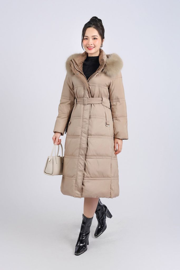 FMV055 - Áo khoác lông vũ cao cấp dáng suông dài có mũ viền lông mềm thân áo có túi hai bên kèm dây đai tạo kiểu - PANTIO