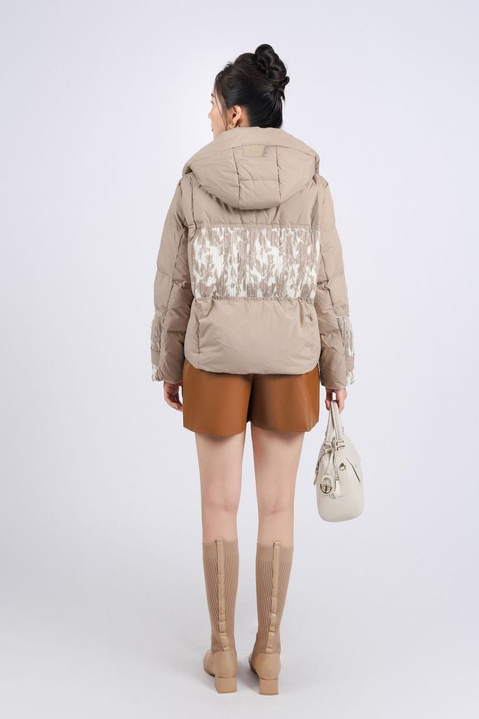 FMV060 - Áo phao lông vũ cao cấp dáng suông ngắn có mũ eo phối dây rút thân áo hoạ tiết thời trang - PANTIO