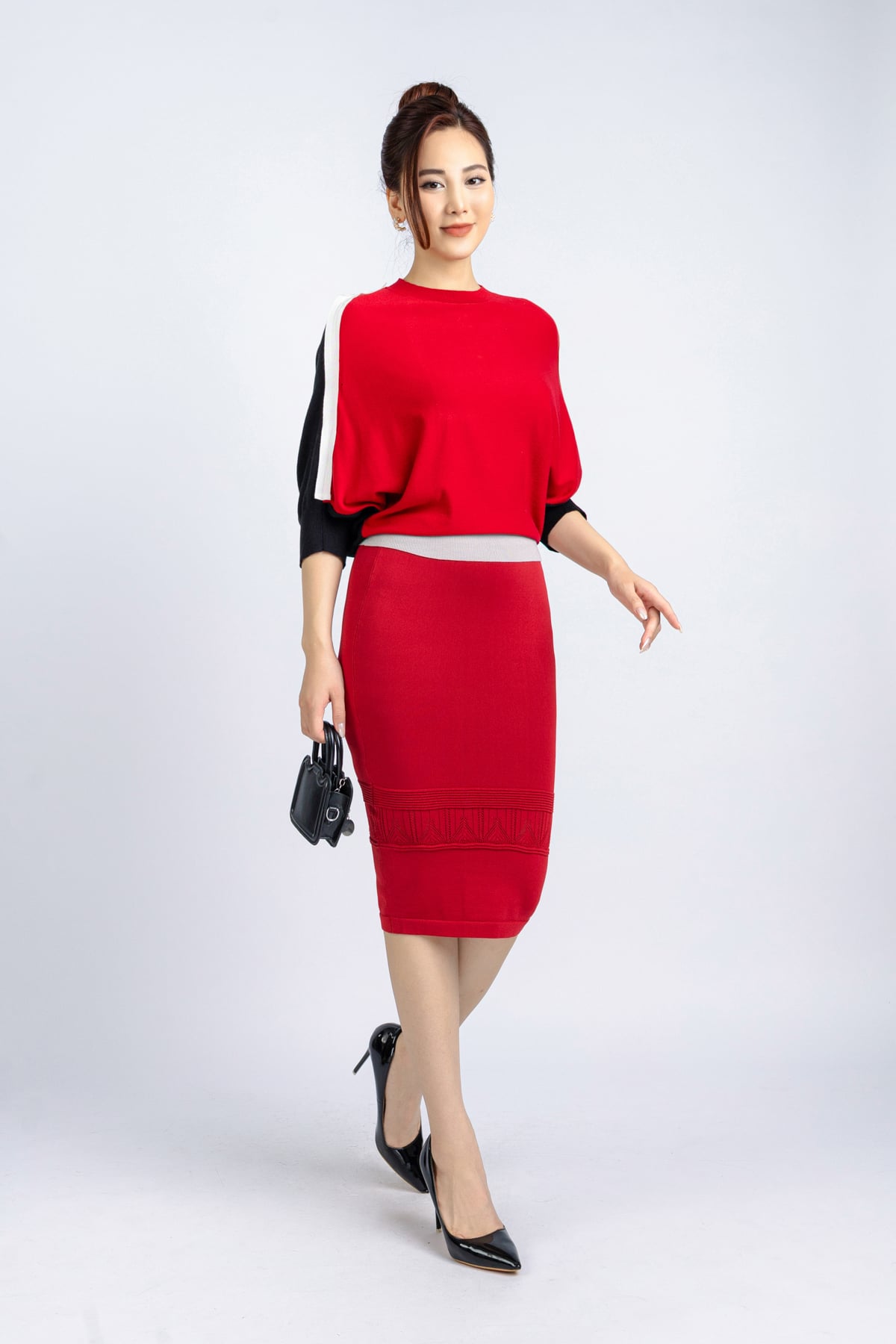 FOL-021 - Chân váy công sở vải len cao cấp dáng bút chì cạp chun gấu dệt hoạ tiết - PANTIO