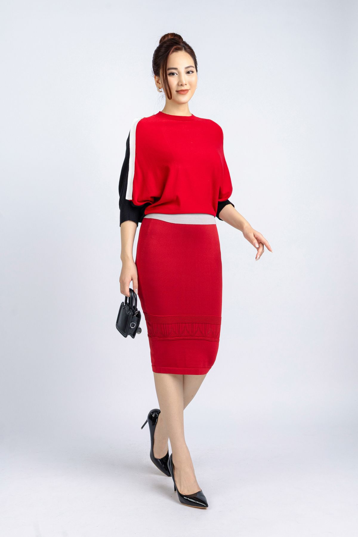 FOL-021 - Chân váy công sở vải len cao cấp dáng bút chì cạp chun gấu dệt hoạ tiết - PANTIO