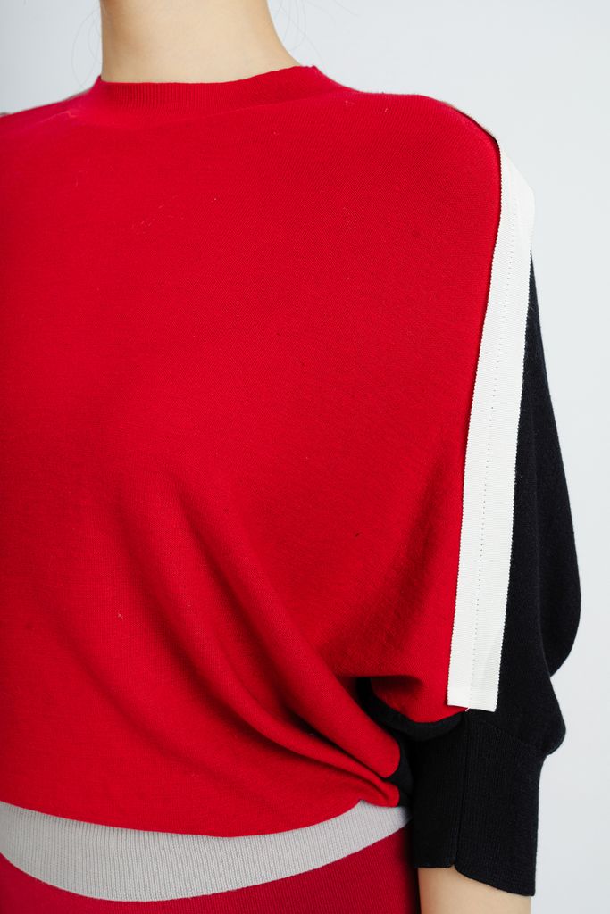 FOL-020 - Áo len cao cấp công sở dáng suông bo gấu cổ tròn tay cánh rơi vạt dệt phối màu tạo kiểu - PANTIO