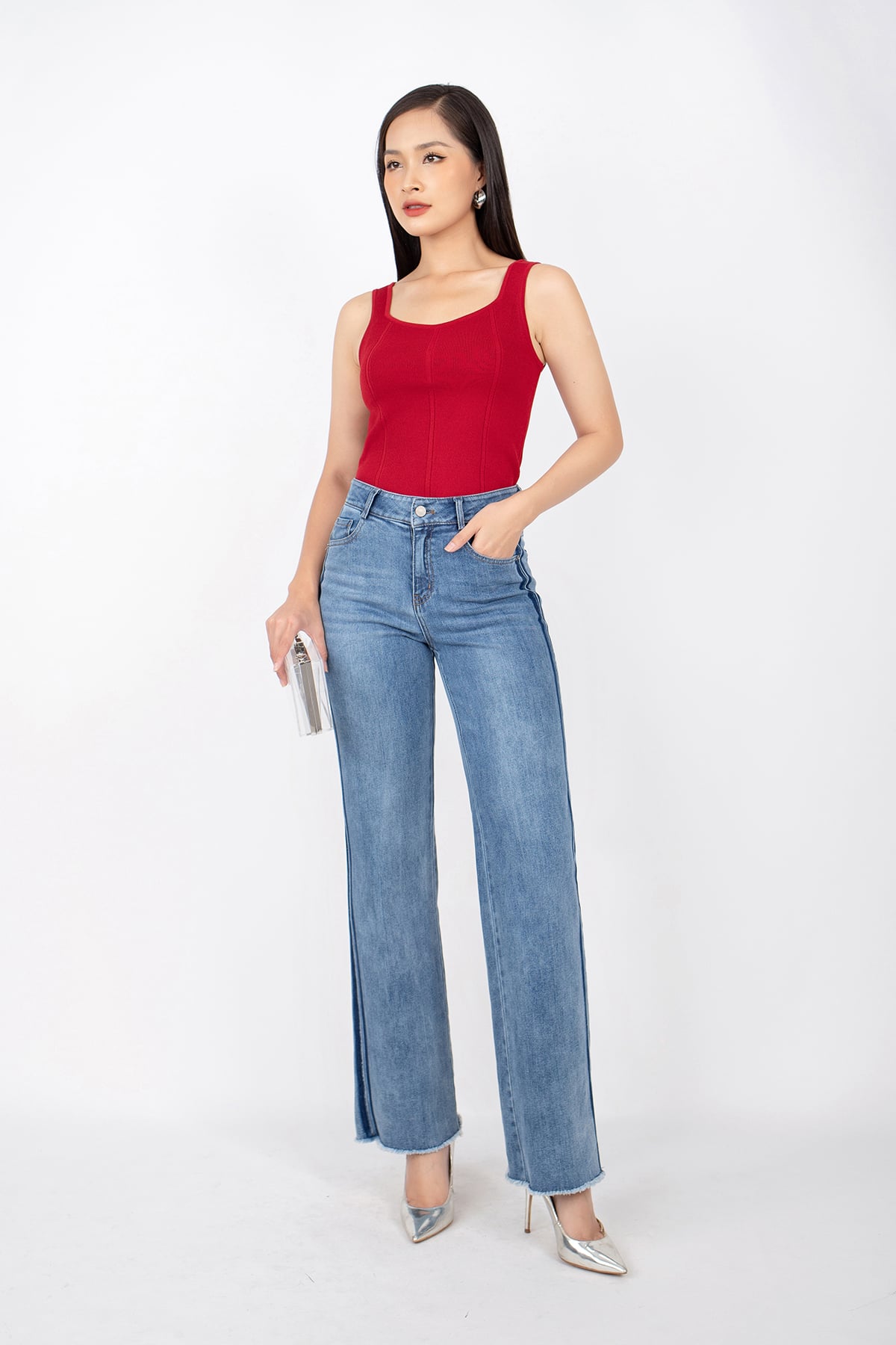 FOL207 - Áo len dạo phố vải dệt dáng ôm cổ rộng hai dây bản to - PANTIO