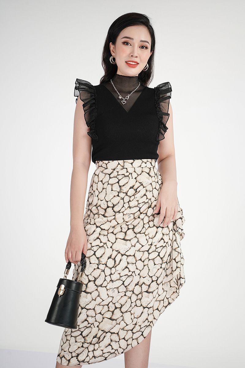 Chân váy họa tiết chất liệu lụa lệch tà FJD3931 - PANTIO