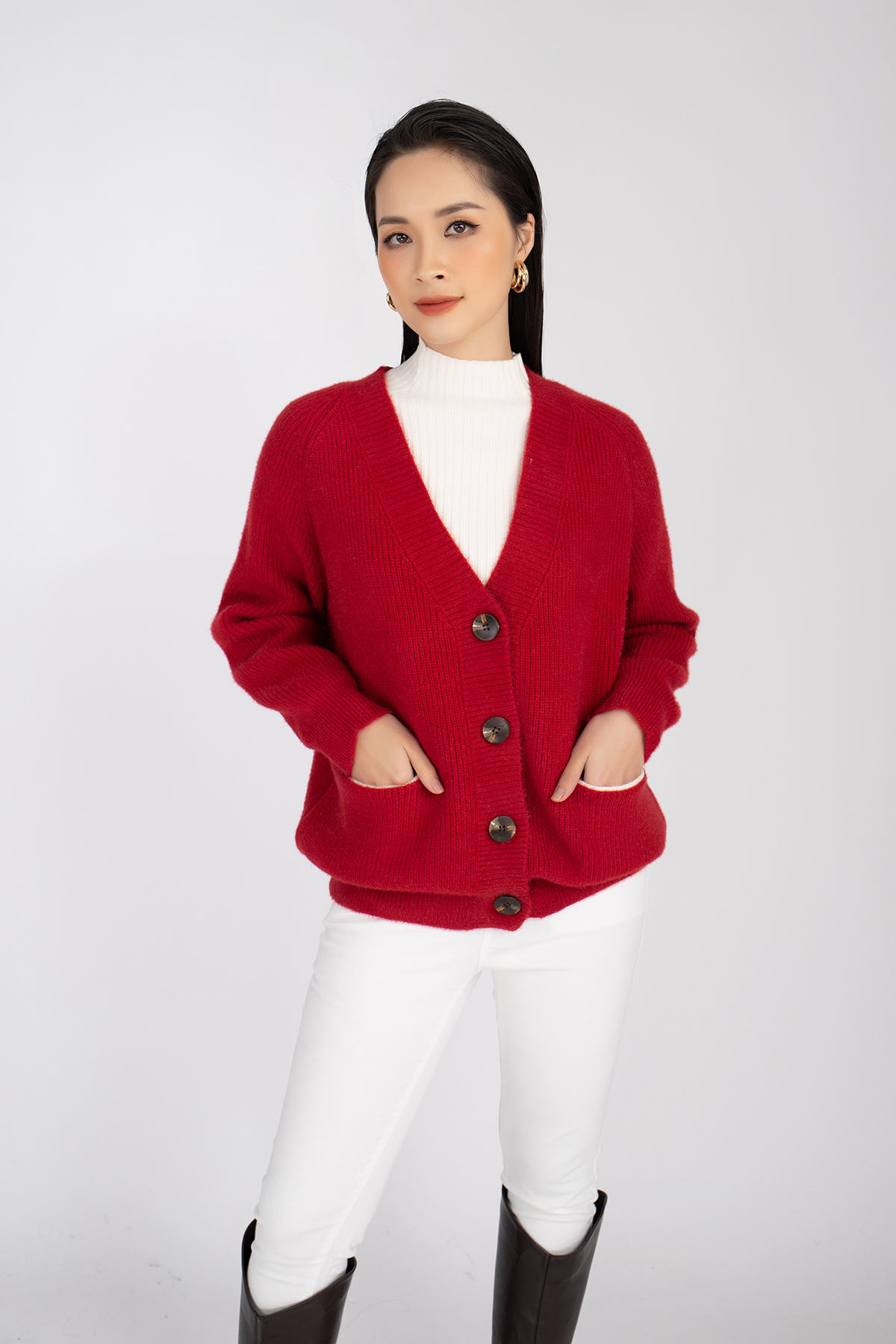 Áo len dáng Bomber ngắn, cúc cài dài tay có túi FOL235 - PANTIO