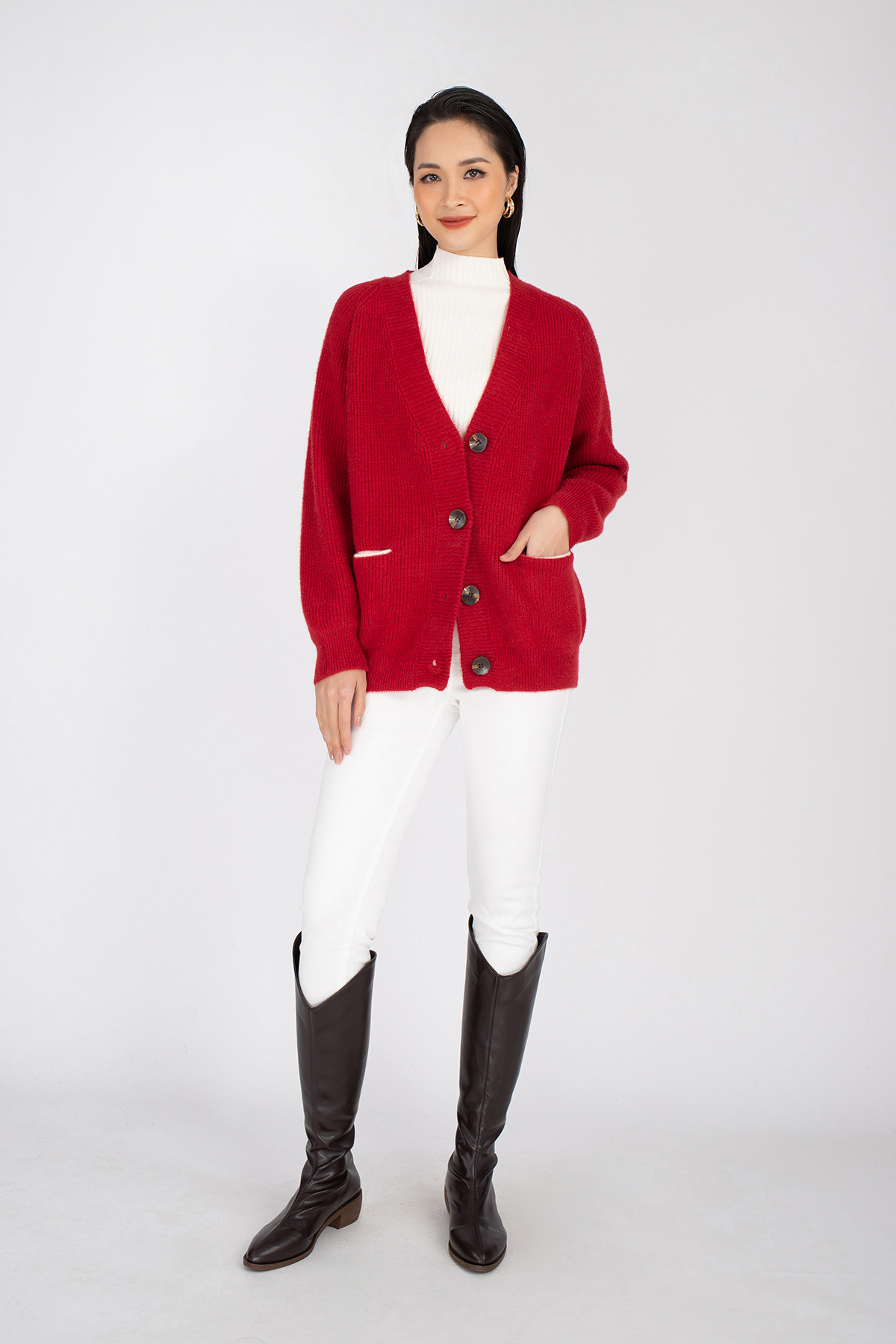 Áo len dáng Bomber ngắn, cúc cài dài tay có túi FOL235 - PANTIO