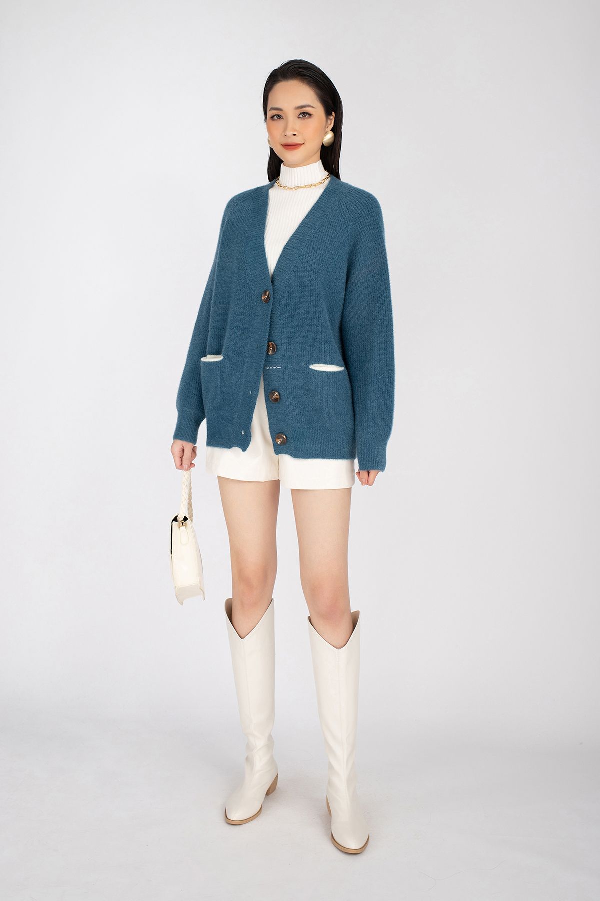 Áo len dáng Bomber ngắn, cúc cài dài tay có túi FOL235 - PANTIO