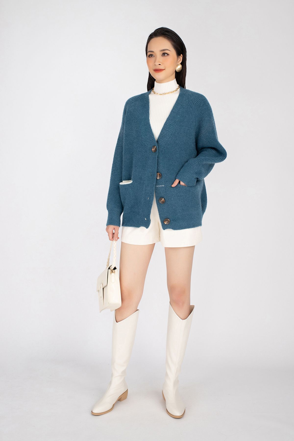 Áo len dáng Bomber ngắn, cúc cài dài tay có túi FOL235 - PANTIO