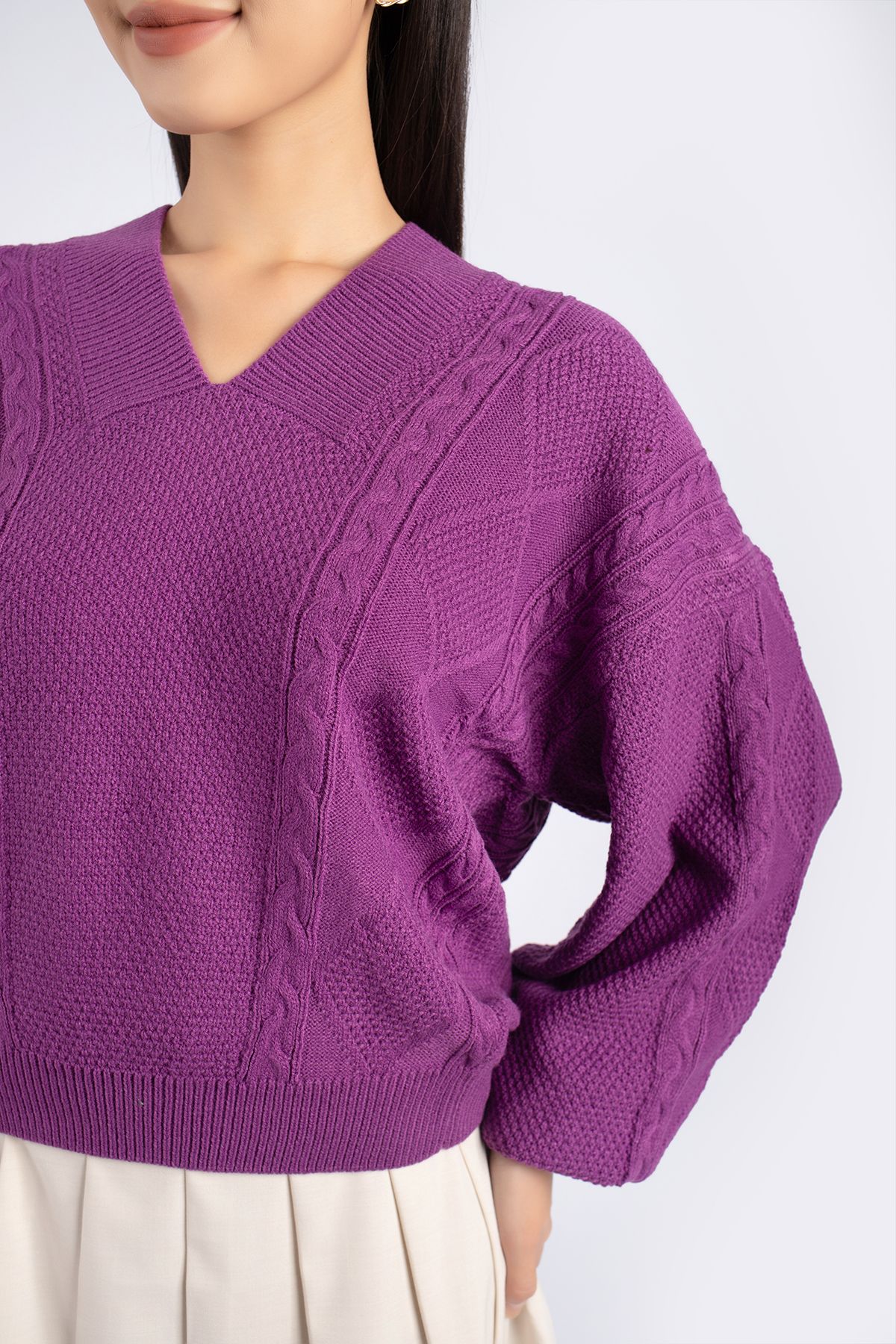 FOL249 - Áo len cao cấp dáng rộng cổ V vai chờm tay cánh rơi - PANTIO