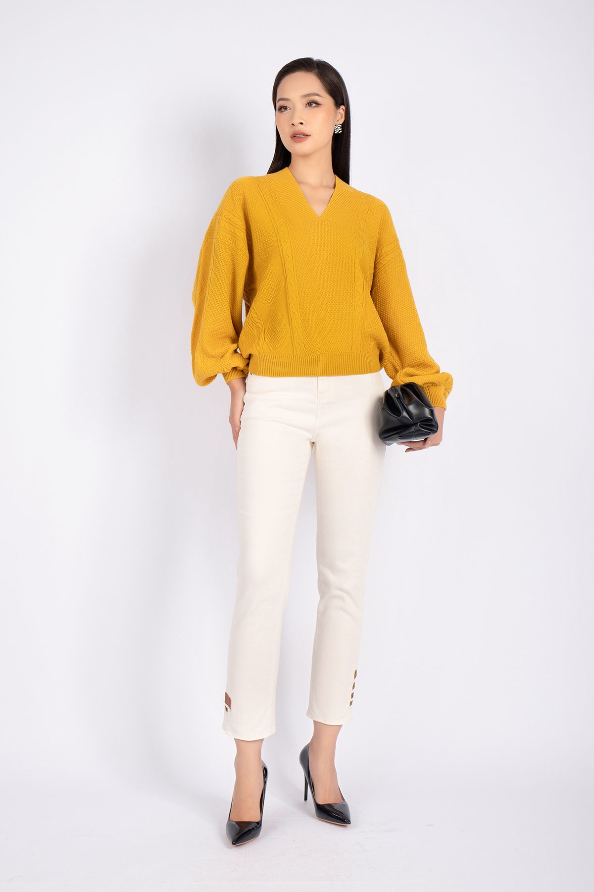 FOL249 - Áo len cao cấp dáng rộng cổ V vai chờm tay cánh rơi - PANTIO