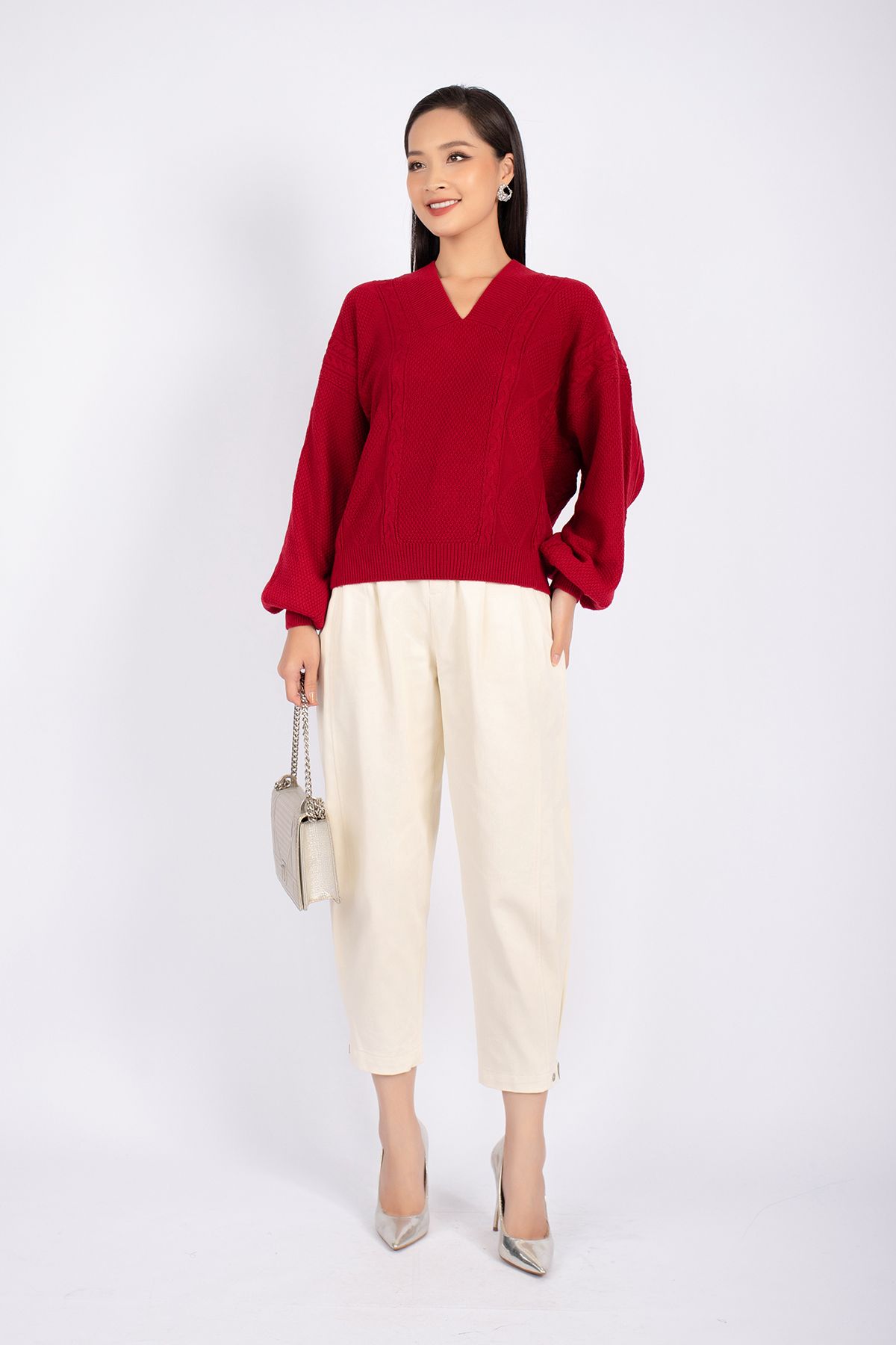 FOL249 - Áo len cao cấp dáng rộng cổ V vai chờm tay cánh rơi - PANTIO