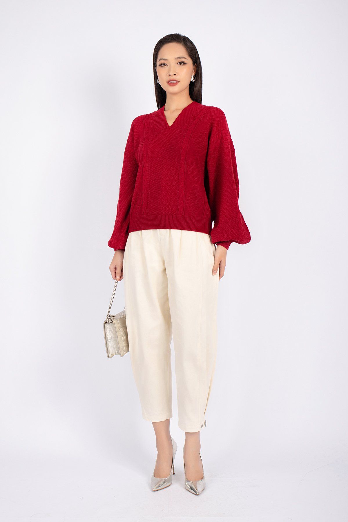 FOL249 - Áo len cao cấp dáng rộng cổ V vai chờm tay cánh rơi - PANTIO