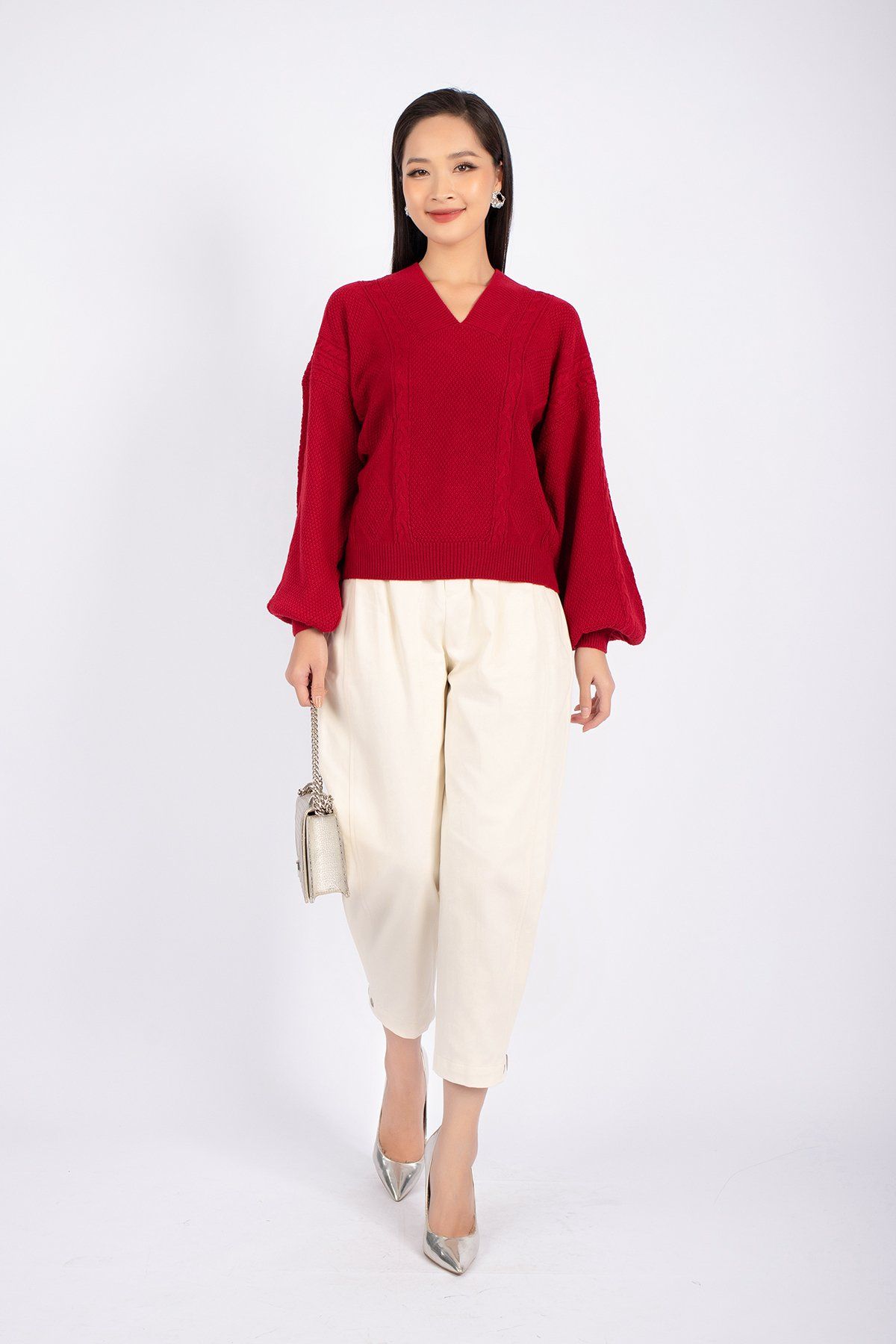 FOL249 - Áo len cao cấp dáng rộng cổ V vai chờm tay cánh rơi - PANTIO