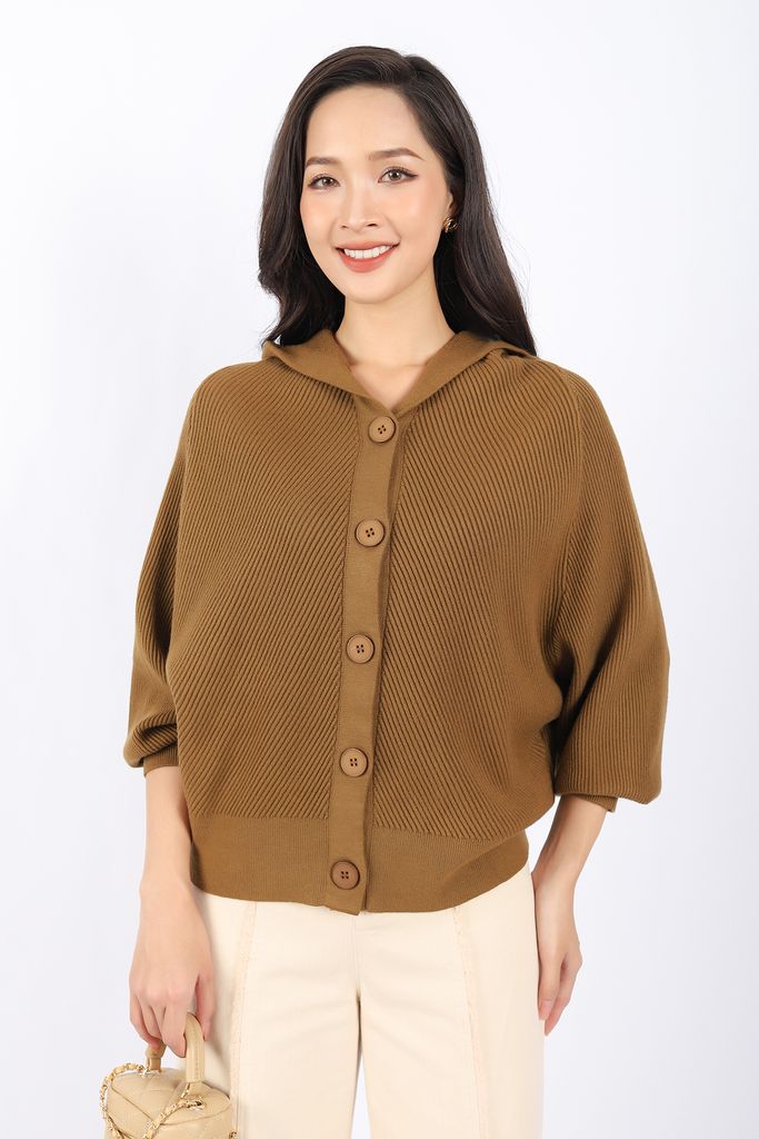 FOL255 - Áo len cardigan dáng rộng tay cánh rơi cài cúc thân sau phối mũ - PANTIO
