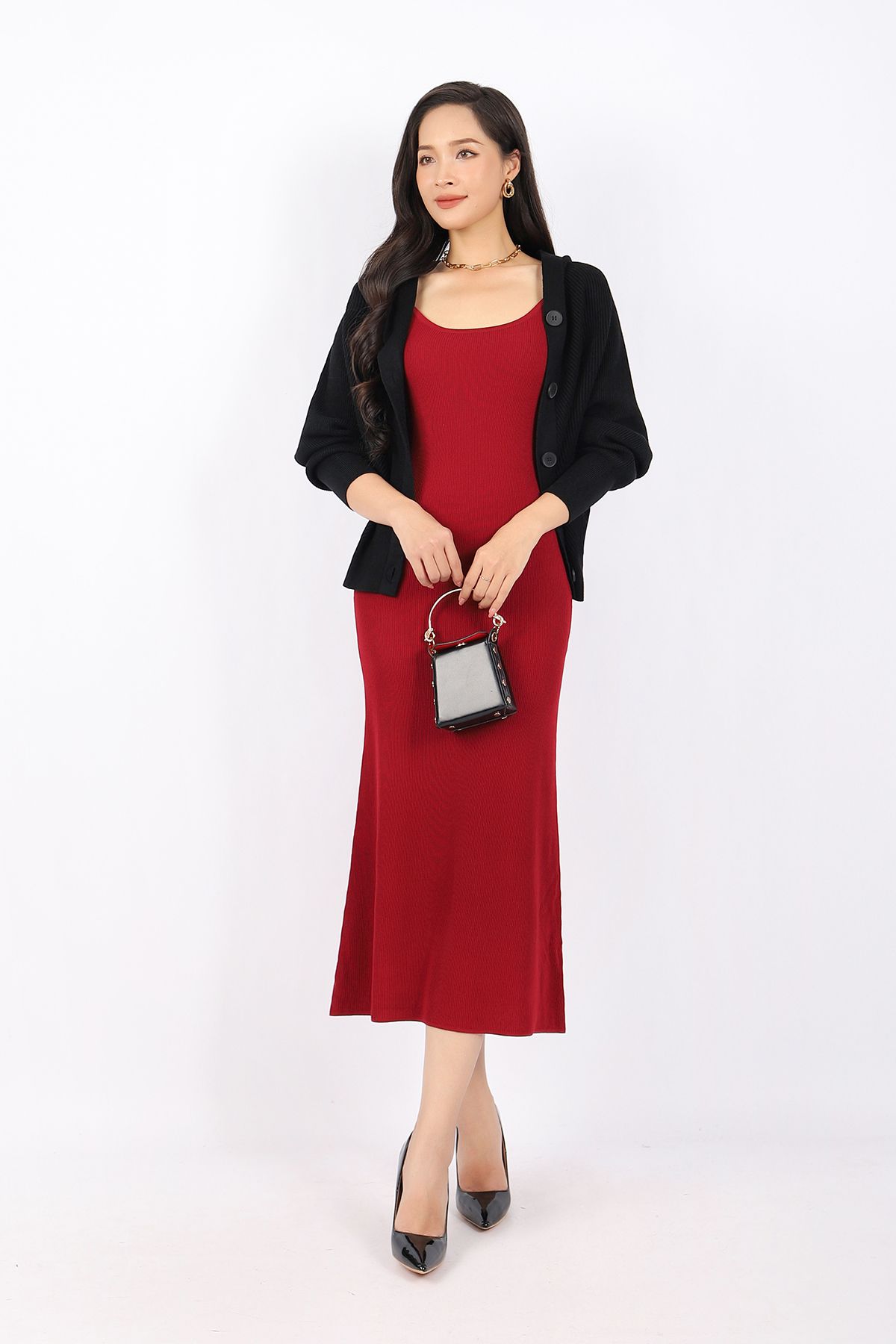 FOL255 - Áo len cardigan dáng rộng tay cánh rơi cài cúc thân sau phối mũ - PANTIO