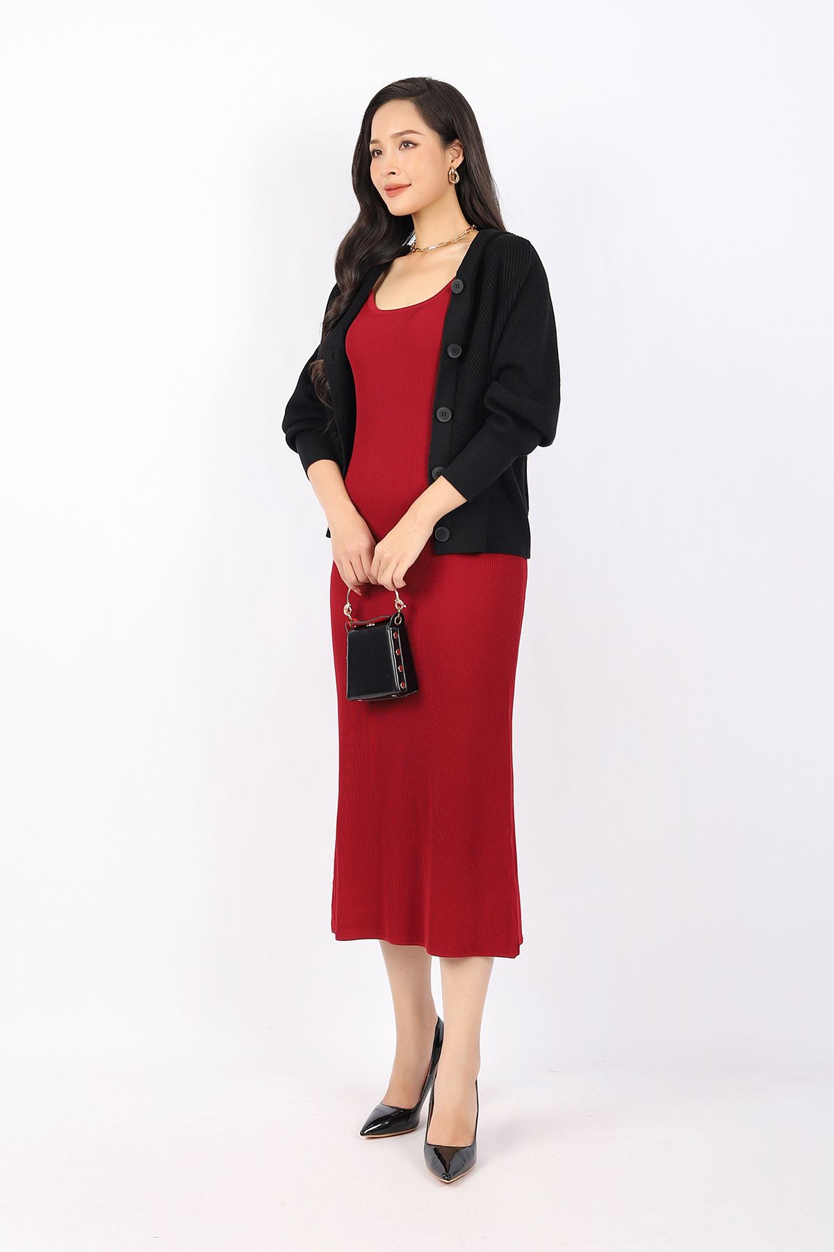 FOL255 - Áo len cardigan dáng rộng tay cánh rơi cài cúc thân sau phối mũ - PANTIO