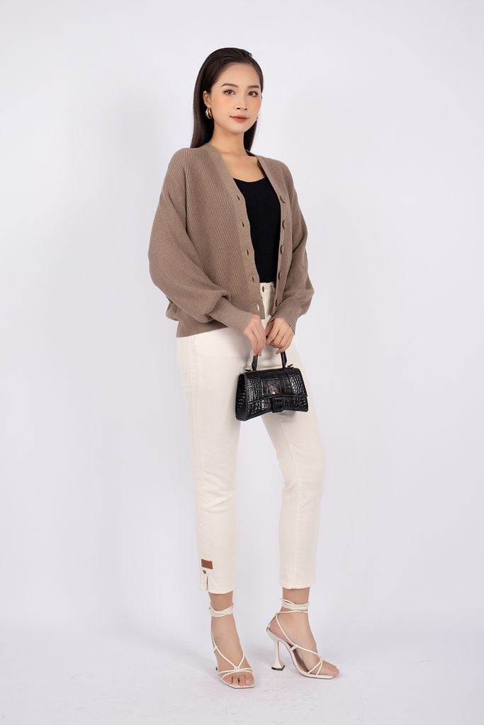 FOL255 - Áo len cardigan dáng rộng tay cánh rơi cài cúc thân sau phối mũ - PANTIO