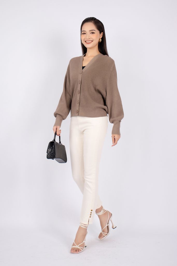 FOL255 - Áo len cardigan dáng rộng tay cánh rơi cài cúc thân sau phối mũ - PANTIO