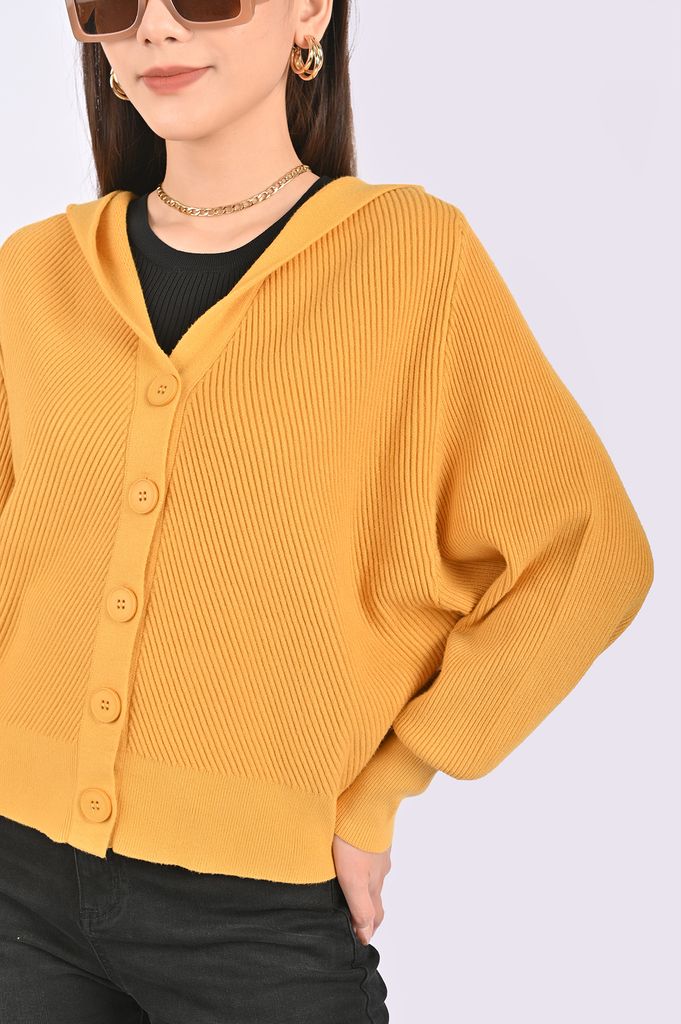 FOL255 - Áo len cardigan dáng rộng tay cánh rơi cài cúc thân sau phối mũ - PANTIO