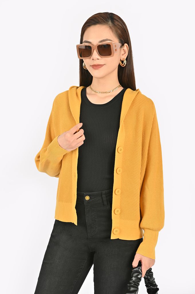 FOL255 - Áo len cardigan dáng rộng tay cánh rơi cài cúc thân sau phối mũ - PANTIO