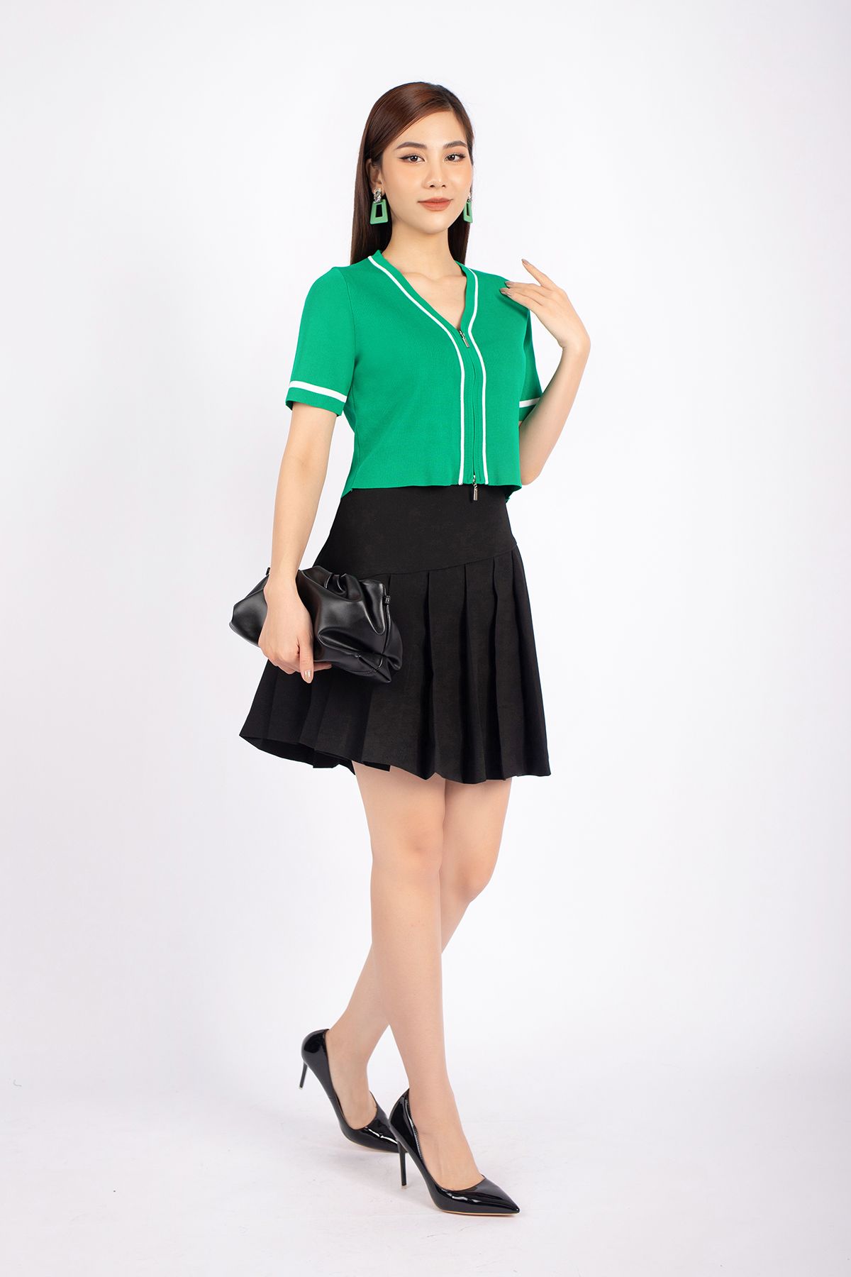 FJN7648 - Chân váy dạo phố vải thô dáng Xoè cạp liền xếp ly bản to tạo kiểu - PANTIO