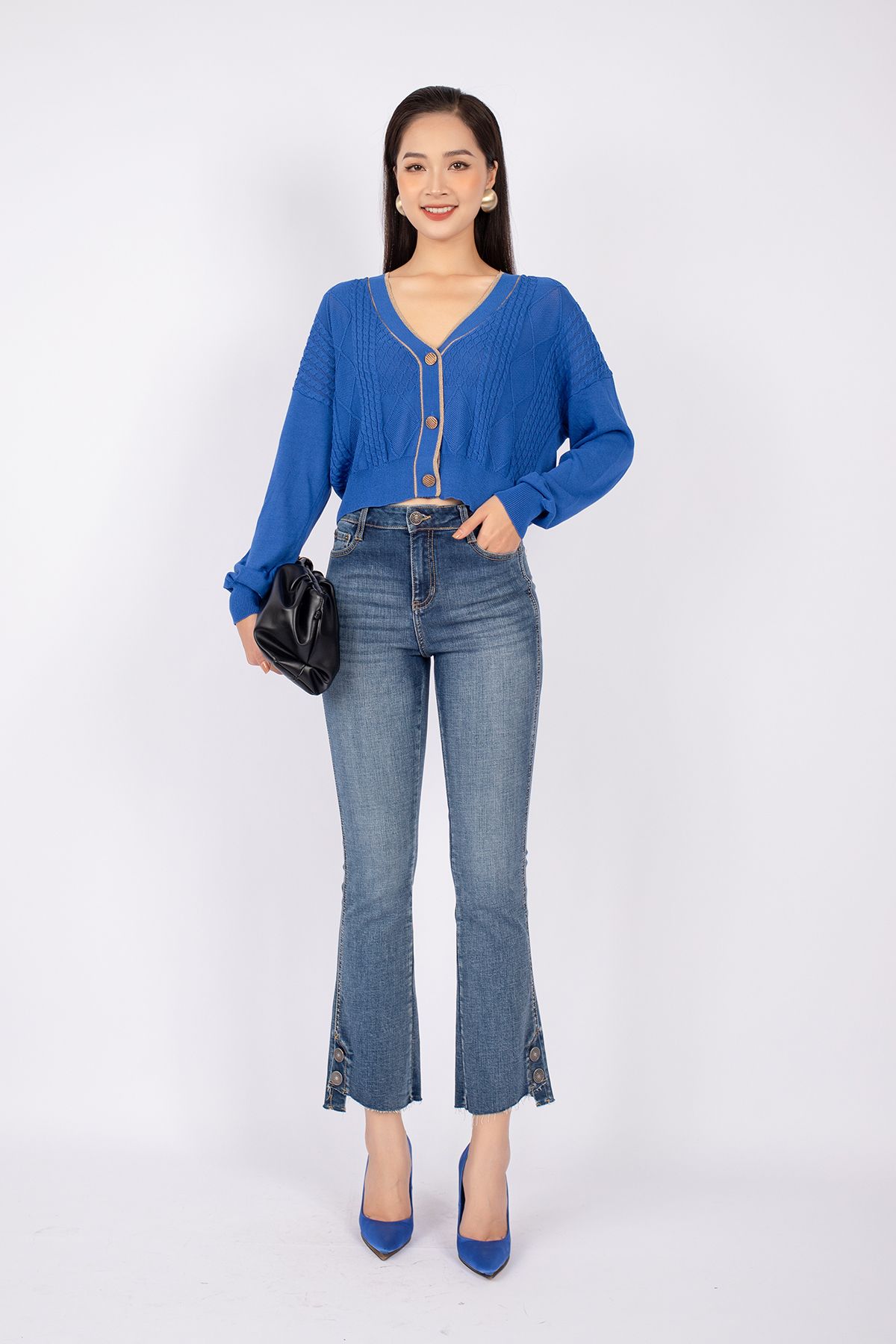 FOL258 - Áo len cardigan dáng rộng tay cánh rơi cài cúc nẹp pha dây kim tuyến - PANTIO