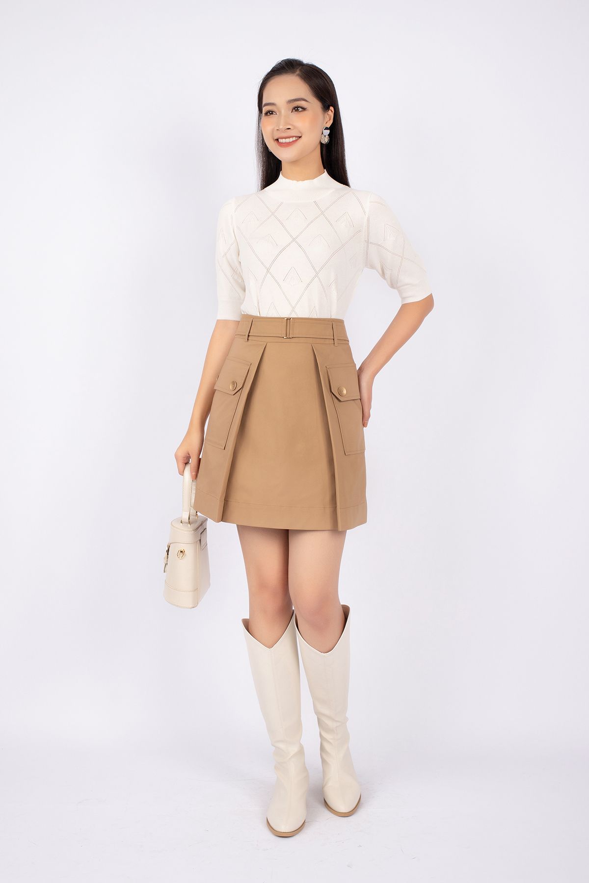 FOL259 - Áo len cao cấp dáng ôm cổ tròn cao dệt họa tiết nẹp bo chun - PANTIO