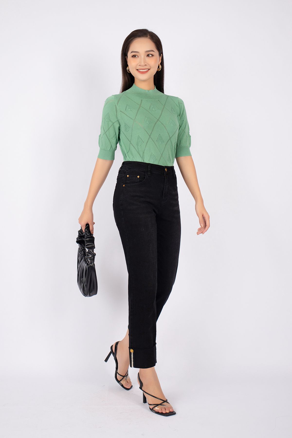 FOL259 - Áo len cao cấp dáng ôm cổ tròn cao dệt họa tiết nẹp bo chun - PANTIO