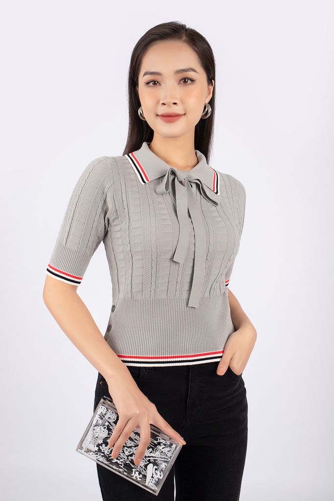 FOL260 - Áo len cao cấp dáng ôm cổ đức buộc nơ cạp bo chun đính khuy hai bên sườn - PANTIO